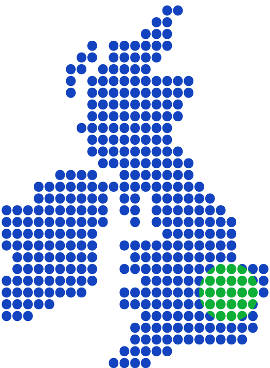 Map highlighting the Blockage Busters coverage area around Harlow